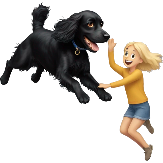 Black  spaniel jumping for a stick with blonde girl emoji
