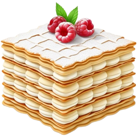 Cinematic delicate mille-feuille, thin crispy pastry layers filled with smooth vanilla cream, dusted with powdered sugar, elegant presentation, highly detailed and sophisticated. emoji