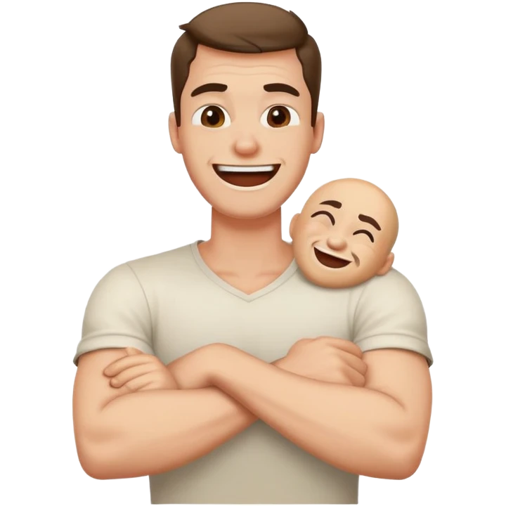 Arms crossed holding neck laughing guy a bit angry emoji