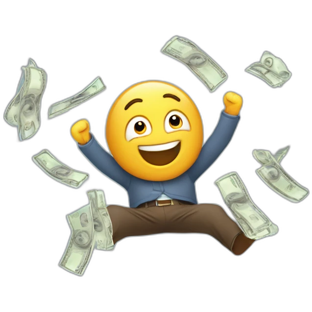 chico festejando estirando los brazos hacia arriba feliz, con billetes volando emoji