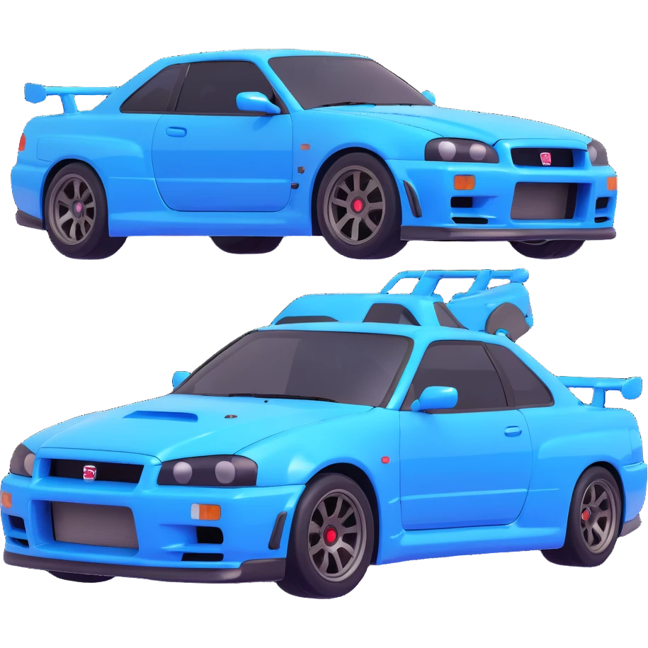 Brian's Nissan Skyline GTR R34 from Fast and Furious, 3D style, chrome body with blue stickers, car alone emoji