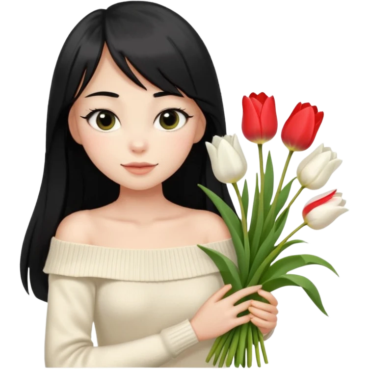 girl with long black hair, thin bangs, black eyes, cream off-shoulder sweater, holding a bouquet of white tulips emoji