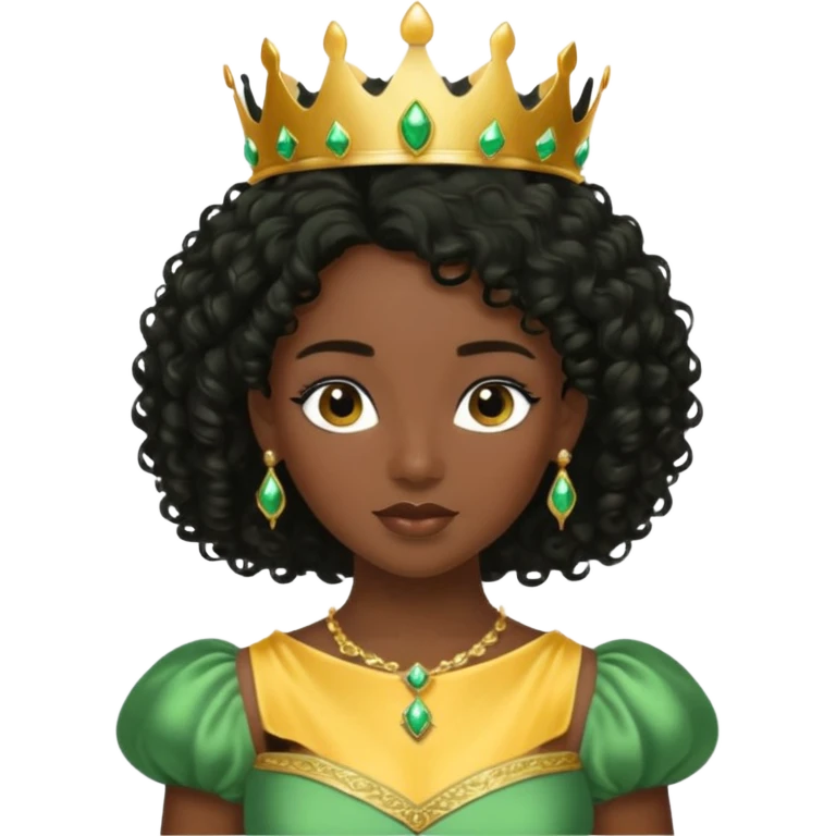 balck princess with black curly hair and a golden tiara. Green dress emoji