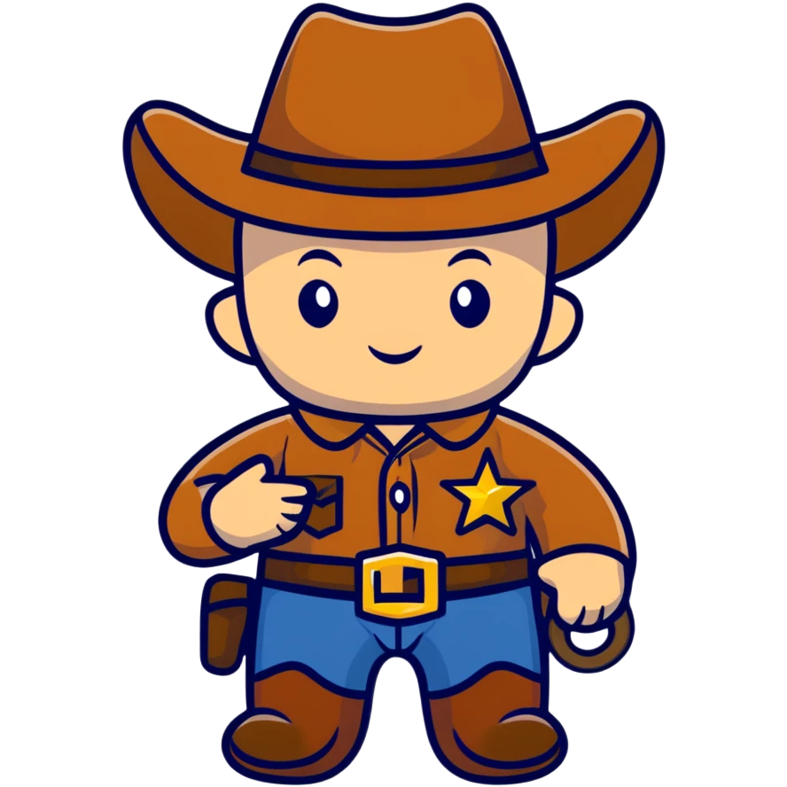 A cartoon stuffed baby cowboy toy with star-shaped patches and a little sheriff badge emoji