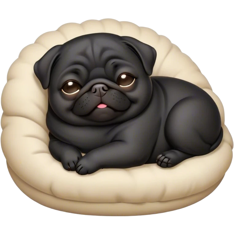 Cinematic Meme-Worthy Chubby Sleeping Black Pug Portrait Emoji, Head resting peacefully with a contented smile, showcasing a delightfully chubby build and a luxuriously soft black coat, eyes shut in a serene nap, Simplified yet hilariously adorable features, highly detailed, glowing with a soft, drowsy light, high shine, relaxed and utterly lovable, stylized with an air of playful laziness, bright and heartwarming, soft glowing outline, capturing the essence of a comically sleepy companion, so meme-worthy it feels like it could instantly become the next viral sensation of adorable slumber! emoji