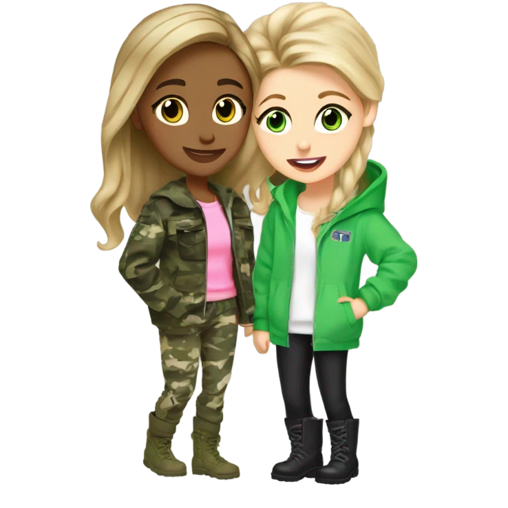 A dirty blonde brown eyed teenager wearing camo pants and white and green jacket and boots kissing the cheek of a dirty blonde shorter teenager with greenish blue eyes wearing a pink sweatshirt and black pants emoji