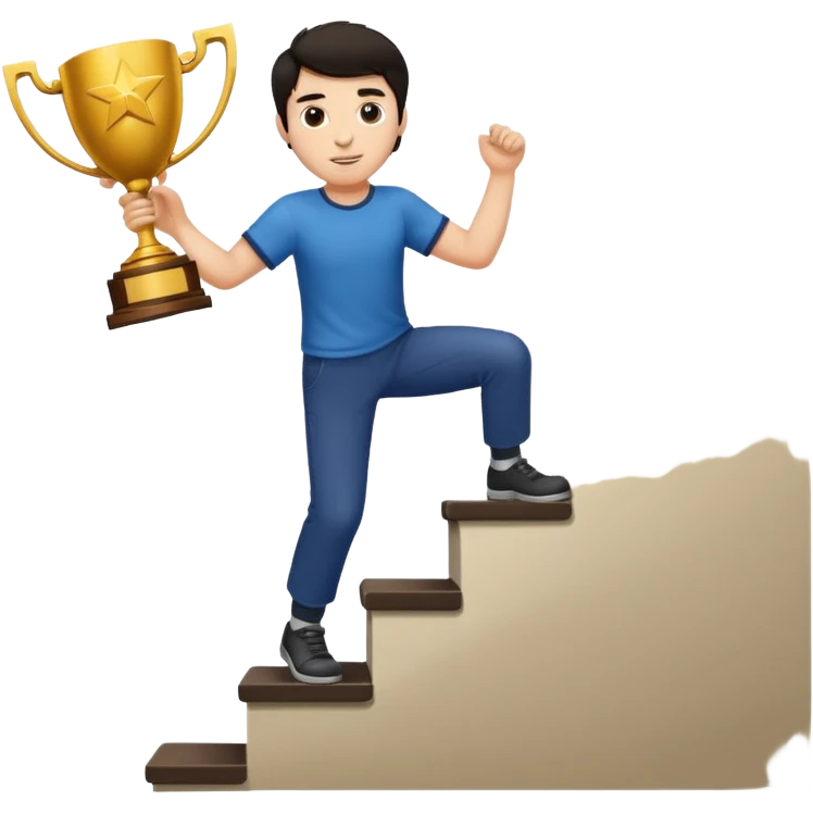 A man with fair skin and dark hair is climbing stairs to grab a trophy emoji