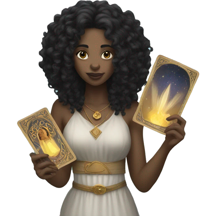 A white women with black curly hair holding tarot cards emoji