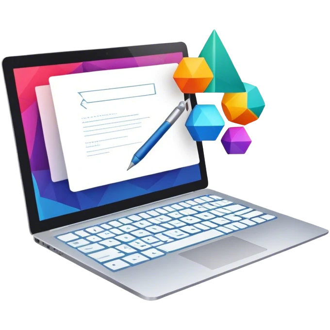 Professional icon for Graphic Design: a laptop with Photoshop open on the screen, displaying geometric shapes like spheres, cubes, and pyramids, along with a stylus. The icon should reflect the creative process in graphic design. Transparent background. emoji