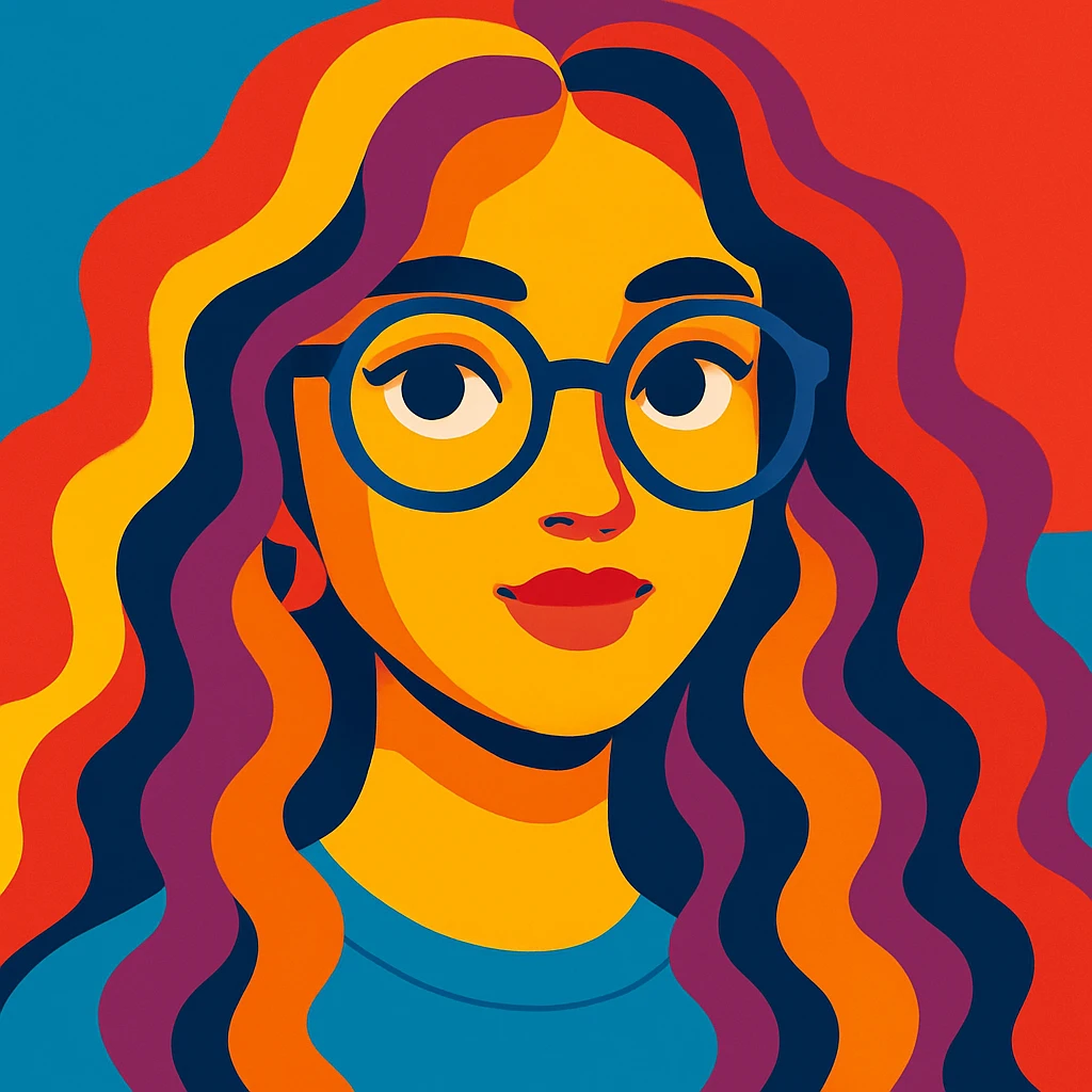 female face with long curls and glasses, young trendy style, bright palette emoji