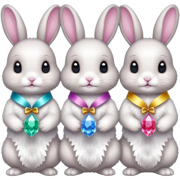 family of baby bunnies in line with ribbons holding crystals emoji