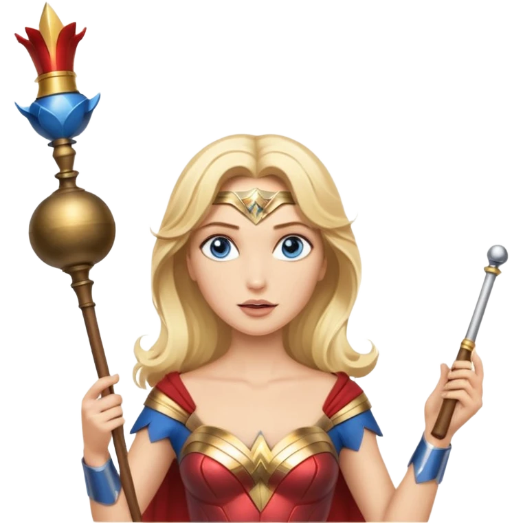 Blonde blue eyed Wonder Woman holding white orchestra conductor’s baton and bell emoji