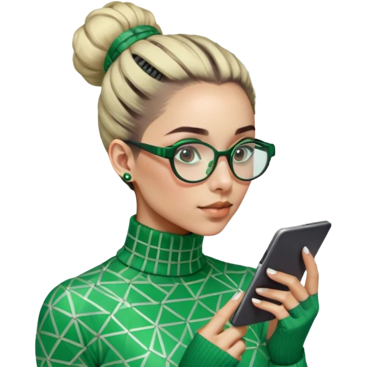Gender: Non-binary Hair: Tight bun secured with calculator-shaped hairpin Face: Glasses reflecting scrolling green data streams Clothes: Geometric-patterned turtleneck with fingerless gloves Action: Floating in matrix-like numbers with Ctrl+C/V aura emoji