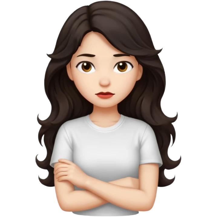 girl dark long wavy hair crossing her arms with slight pout emoji