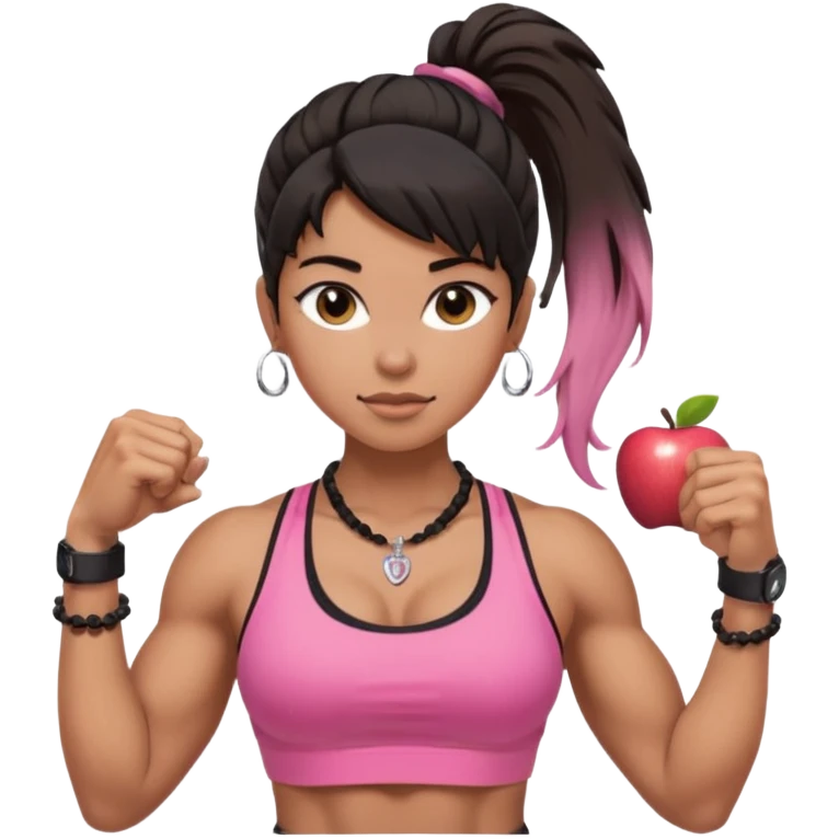 Caramel skinned toned female with a black messy ponytail for hair. Her eyes are a coffee color brown and almond shaped. She’s wearing a pink sports bra and showing off her big muscular toned biceps. She’s not holding anything in her hands but she wears a rosary necklace and an Apple Watch. emoji