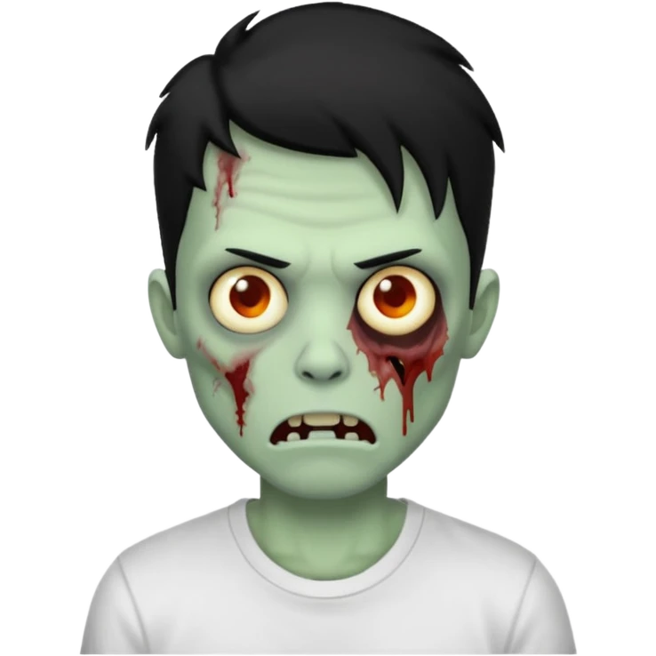 Rosto de frente classico de zombie boca meio torta cabelos pretos no corte low fade com pele verde clara camiseta branca emoji