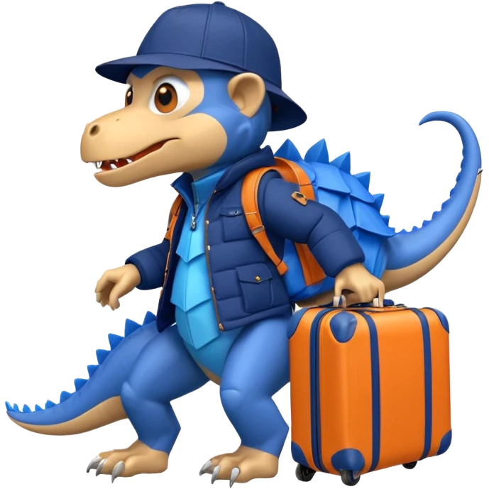 furious monkey in navy puffer jacket, gripping blue origami dinosaur suitcase on wheels, orange Jurassic Park cap, Android emoji style emoji