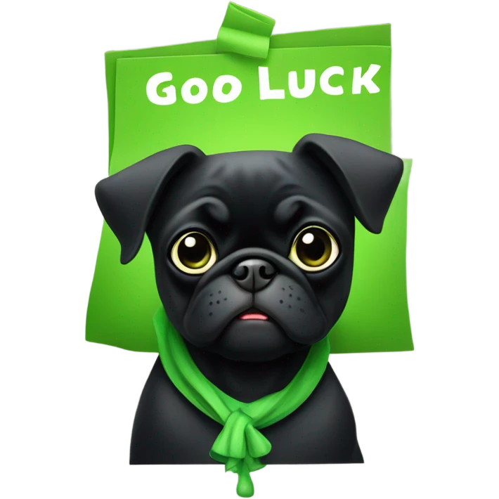 Black pug holding a green sign that says good luck  emoji