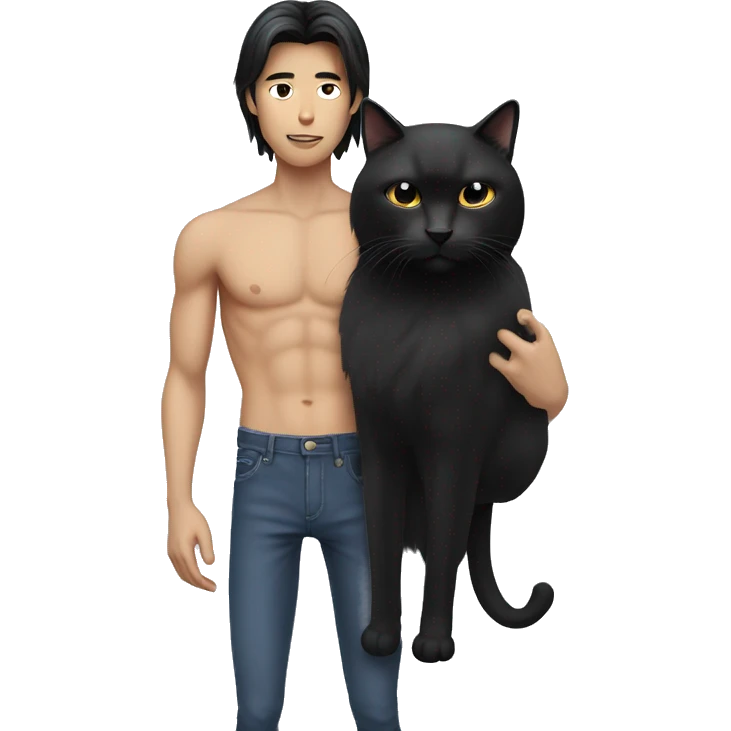 Skinny Model Long hair Asian man with abs holding black cat emoji
