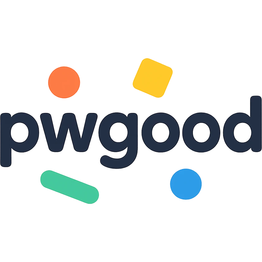 playful logo for 'pwgood' with rounded font and colorful accents, tech startup vibe emoji