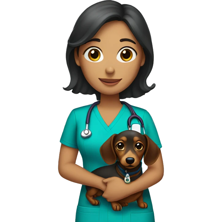 Brunette woman wearing scrubs holding a dachshund emoji