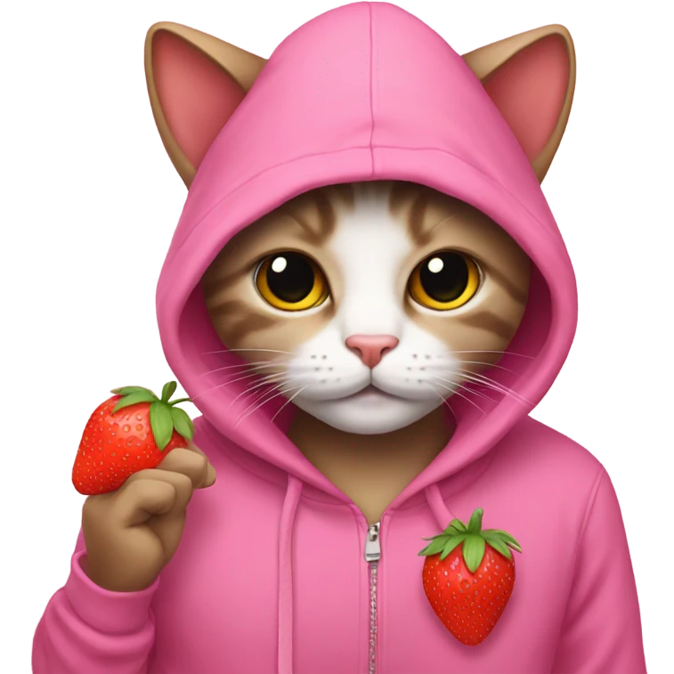 Cat with a pink hoodie and a strawberry emoji