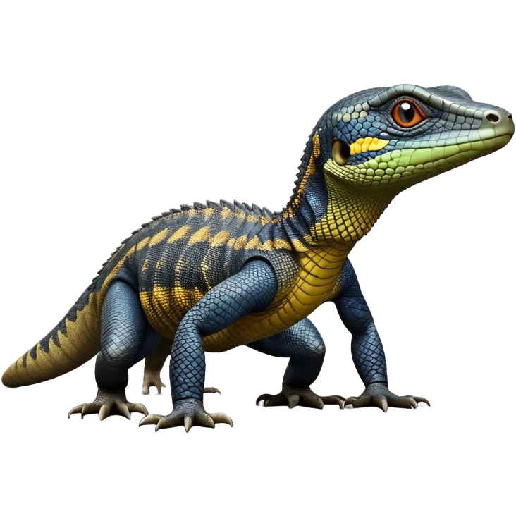 cinematic-monitor-lizard-realistic-full-body-standing on all fours-emoji,-long-powerful-tail-dragging-slightly-behind,-sleek-scaled-body-textured-with-rich-patterns and stripes,-head-tilted-dramatically,-dark-intense-eyes-observing-its-surroundings,-simplified-yet-realistic-focused-features,-highly-detailed,-glowing-with-an-almost-sarcastic-glow emoji