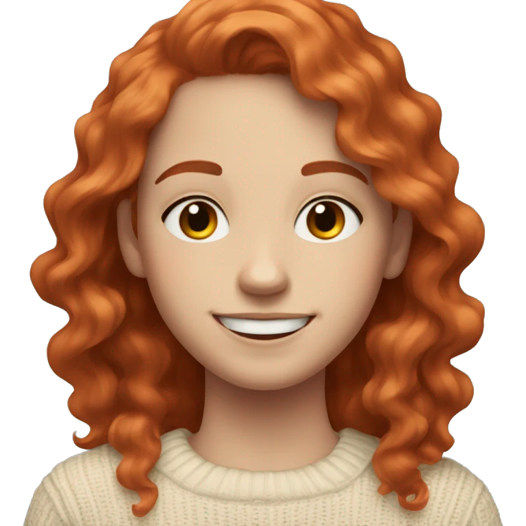 A teenager with white skin and mid length wavy red hair wearing a cream sweater who is smiling  emoji