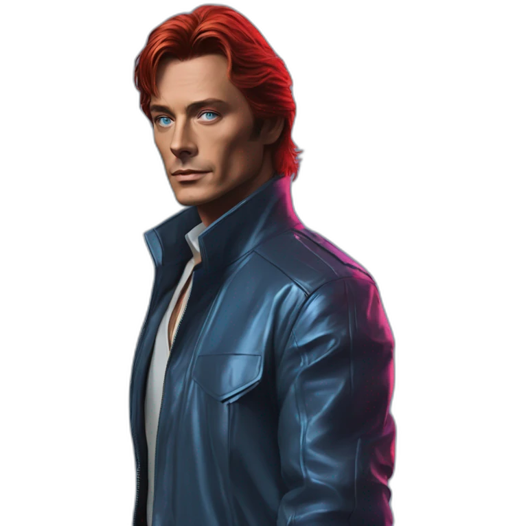 Alain delon neon cyberpunk blue eyes red hair full body emoji