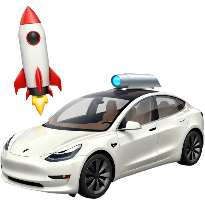 Tesla model 3 white. Two small rockets mounted flat on roof for extra propulsion emoji