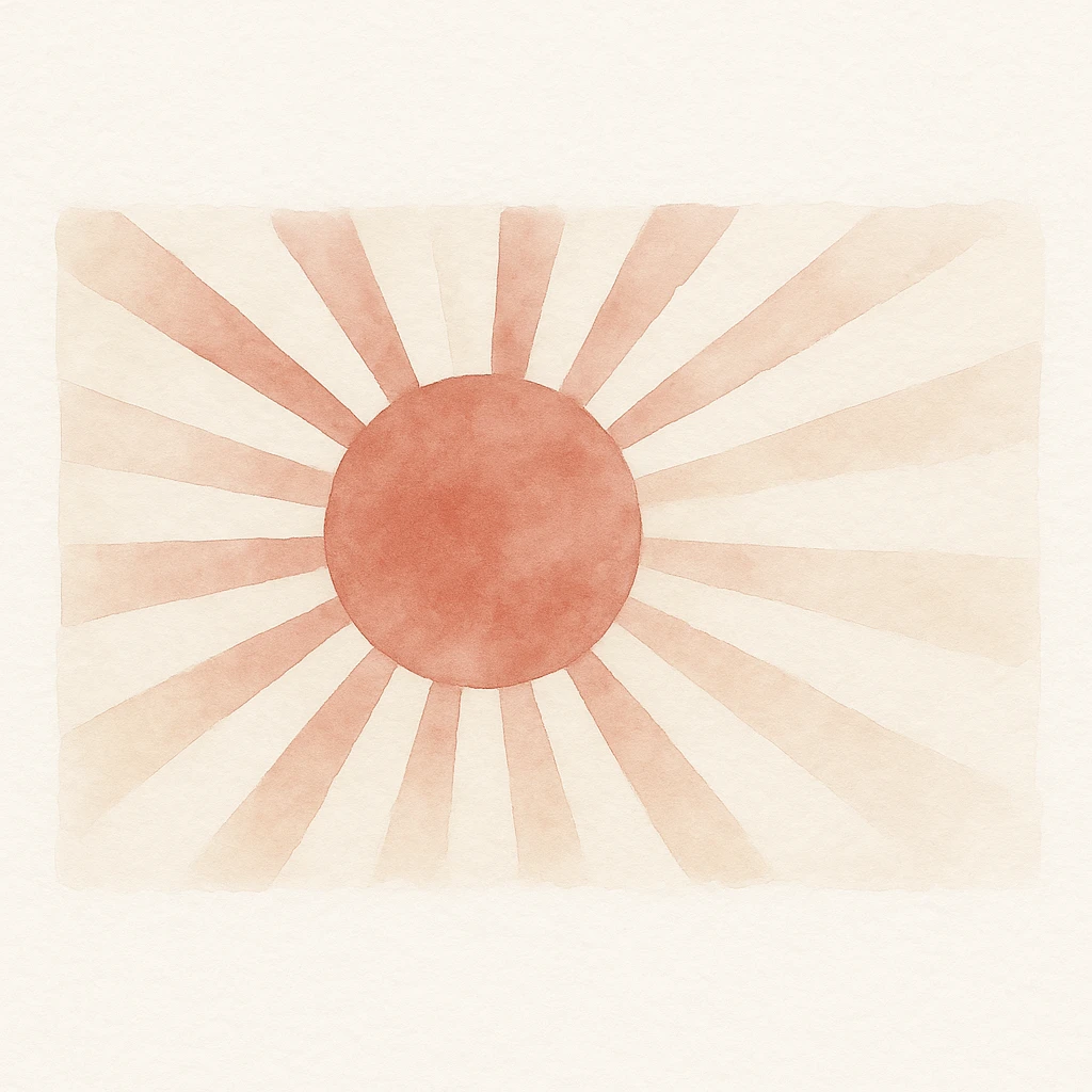 Japanese empire flag, red sun with rays, watercolor art style emoji