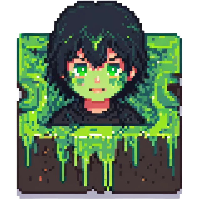 boy with black hair covered in slime, pixel art style emoji
