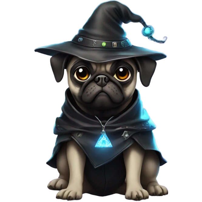 cyberpunk pug wearing a black wizard's hat emoji
