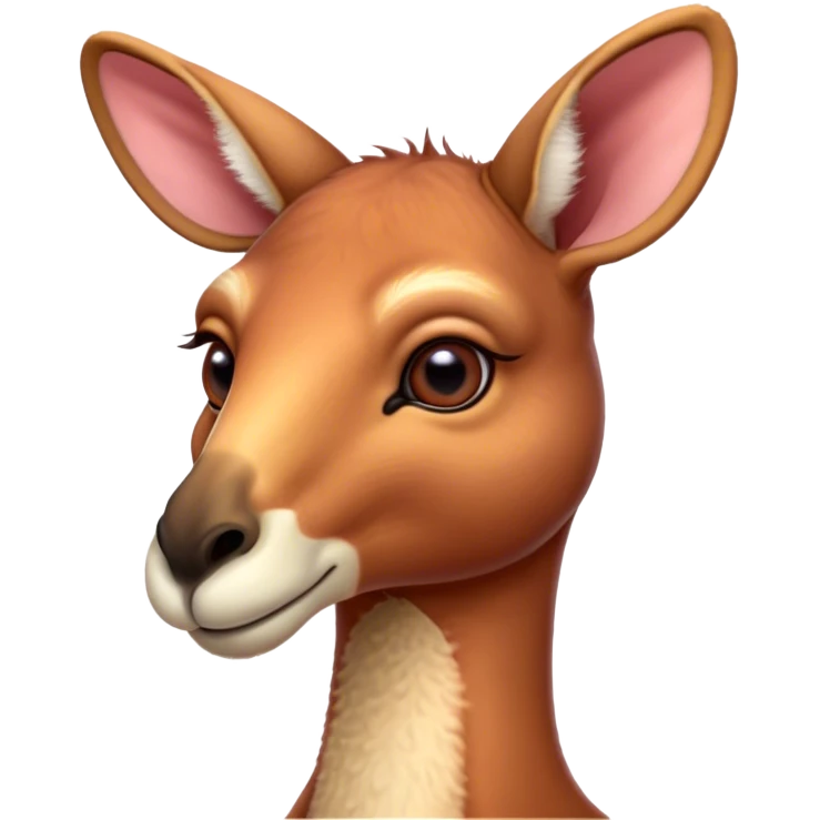 Cinematic Cute Adult Red Kangaroo Portrait Emoji, Head tilted playfully and inquisitively, showcasing a charming, robust build with soft reddish fur and a uniquely camel-like head featuring a gentle, elongated snout and rounded ears, with large, sparkling eyes full of wonder, Simplified yet irresistibly adorable features, highly detailed, glowing with a warm, friendly glow, high shine, affectionate and lively, stylized with a touch of outback whimsy, soft glowing outline, capturing the essence of a mischievous yet loving kangaroo that seems as if it could hop out of the screen into your arms! emoji
