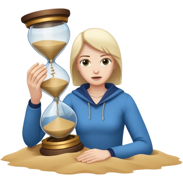 Character holding a broken hourglass, sand frozen mid-air emoji