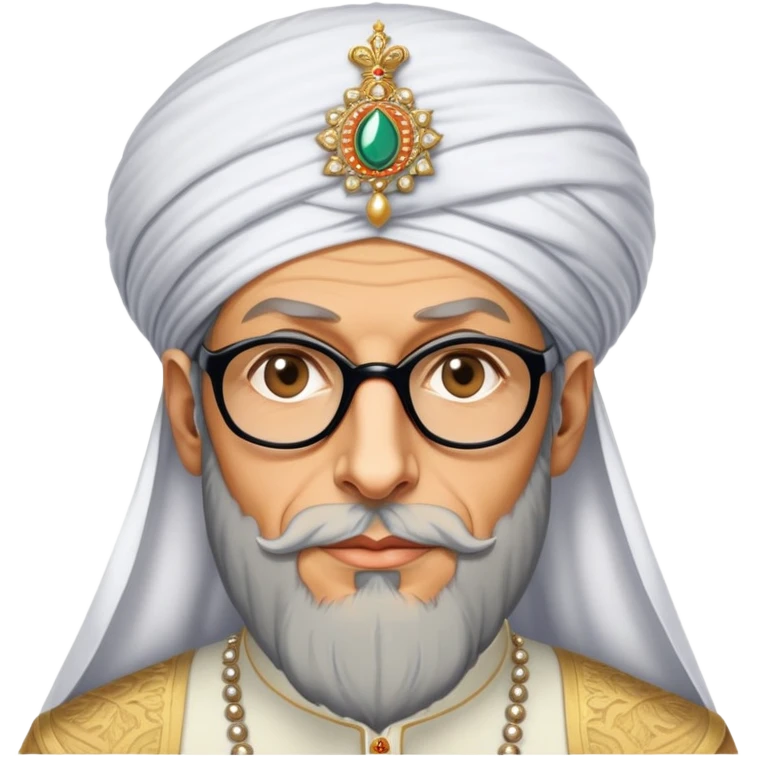 Jeff Goldblum no glasses as a regal portrait dressed as suleiman-the-magnificent,-depicted-as-a-regal-ottoman-sultan-adorned-with-a-large,-white,-round,-tall-turban-and-a-majestic-grey-beard,-his-commanding-gaze-bathed-in-warm,-historic-lighting-that-exudes-time with a large long beard **no glasses** emoji