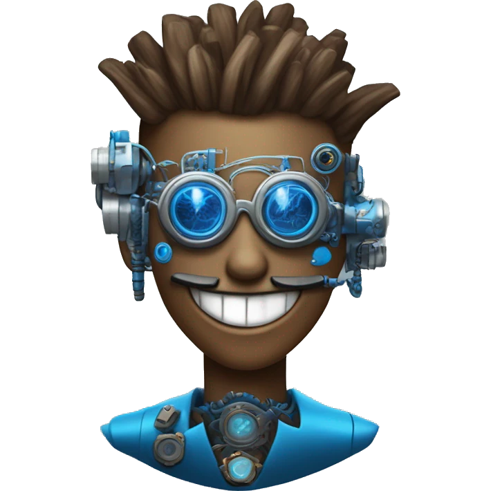 Brown cyborg head with blue Mohawk, blue beard, silver steampunk monocle goggles a smile and circuits emoji
