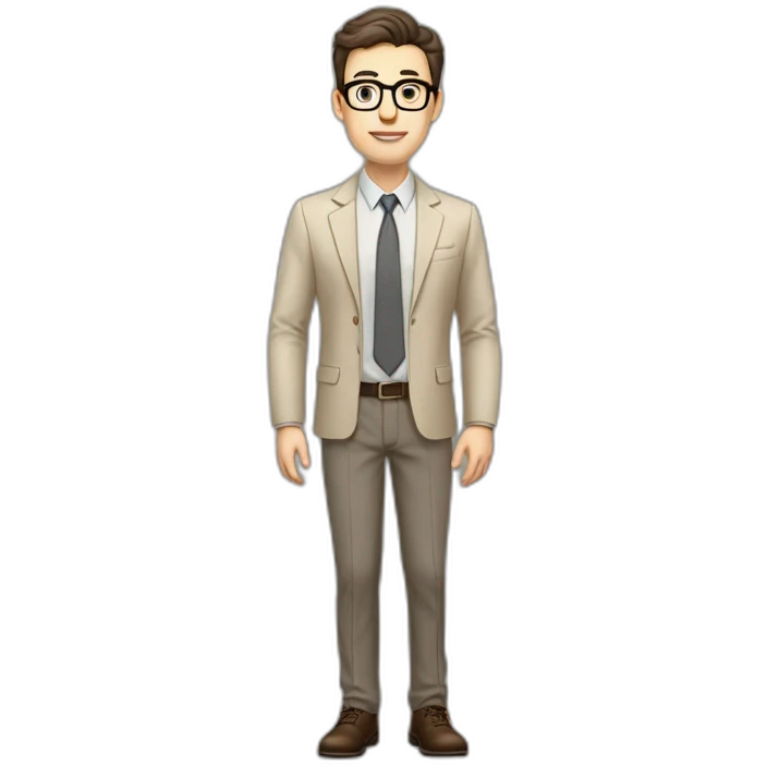 Full height Gesticulating Pale skinned fit man with dark brown hair in gray jacket, beige office shirt, brown tie, brown pants and vintage glasses. emoji