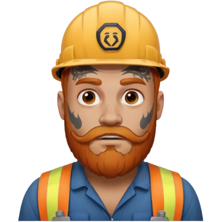 construction worker with beard, ginger haired and heavy face tattoos scary looking emoji