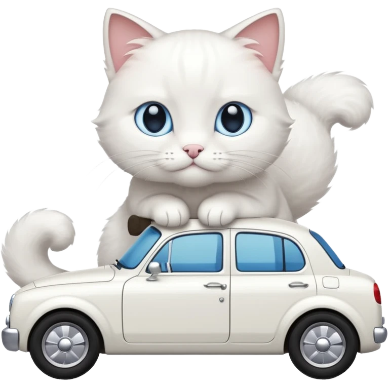 Please create a small emoji the size of 🚗 featuring a pure white cat with stubby tail with blue eyes on a white saloon car viewed from side. Again it is necessary that the emoji must be extremely small, much smaller than a standard sized sticker. emoji