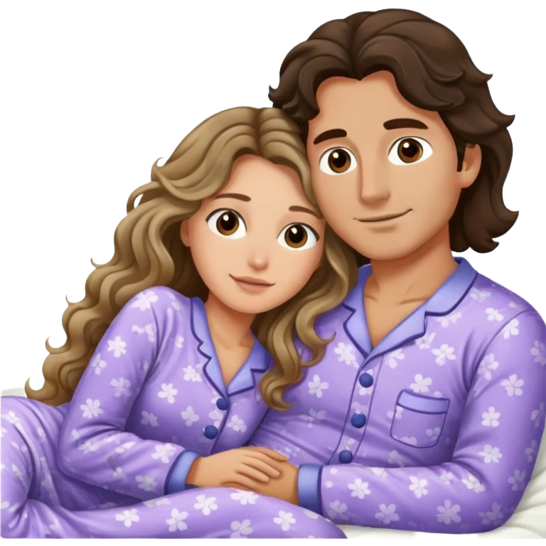 Man with dark brown wavy hair and one woman with long dark blond wavy hair in bed cuddling  emoji