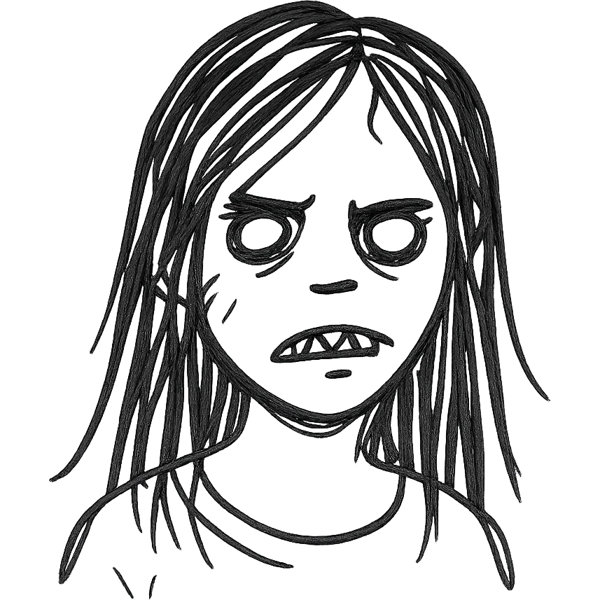 girl zombie with black long hair with teeth and serious face emoji