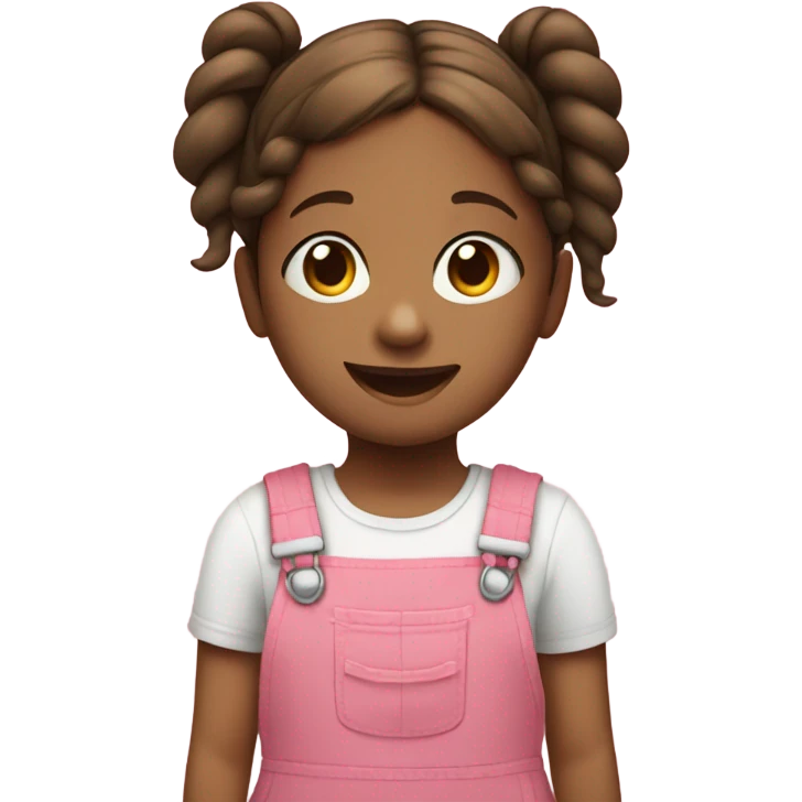 A little girl with brown 2 pigtails with a pink overalls dress smiling emoji