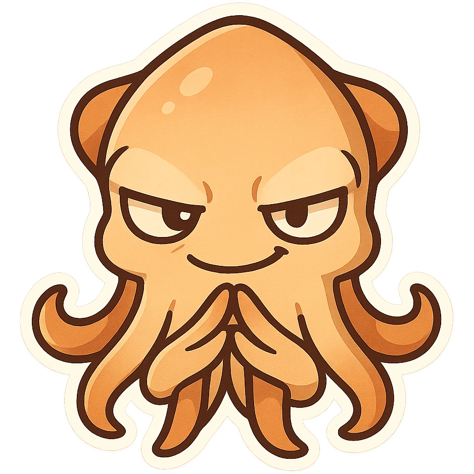 smug cartoon cuttlefish with tentacles posed like steepled fingers, villainous expression emoji
