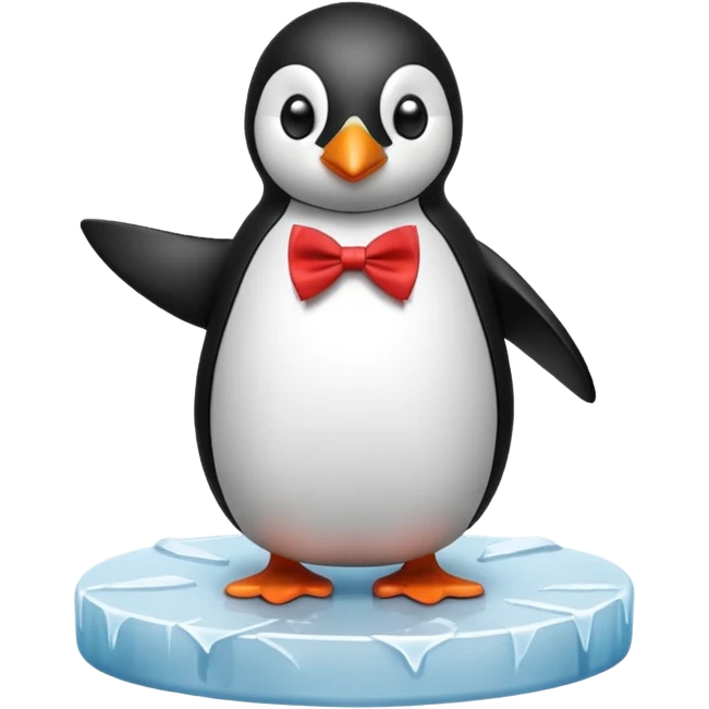 penguin, red bow tie, standing on small ice melting block emoji
