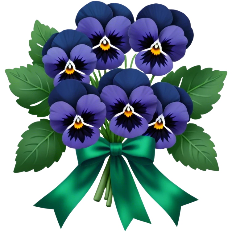 A gracefully arranged bouquet of navy blue pansies, tied with an elegant emerald green satin ribbon. emoji