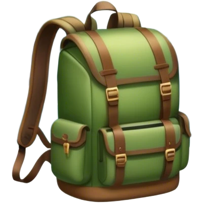 Icon for Ecotourism: lightweight hiking backpack and a scenic landscape with lush green forests, a waterfall, and wildlife, such as birds or animals in background. Transparent background. emoji