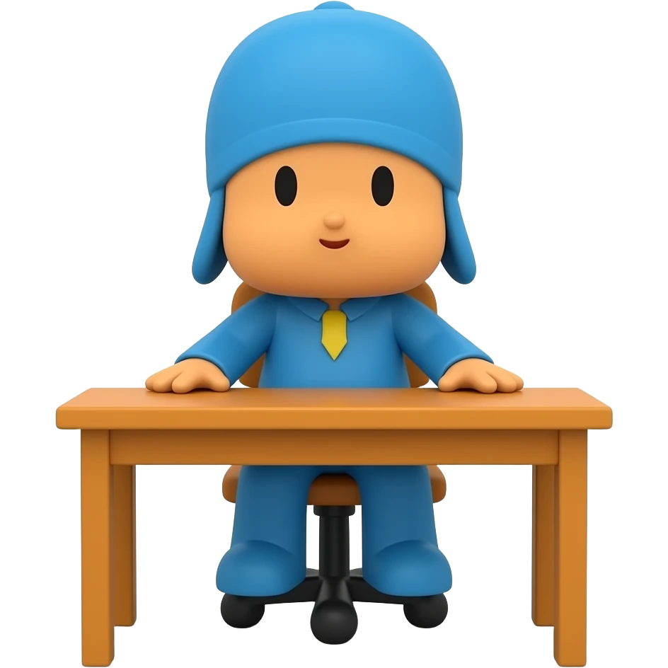 Genera un personaje de POCOYO de cuerpo completo sentado en un escritorio con una emoji