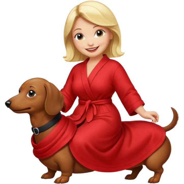 A blonde curvy woman riding on top of a black mini-dachshund wearing a red robe emoji
