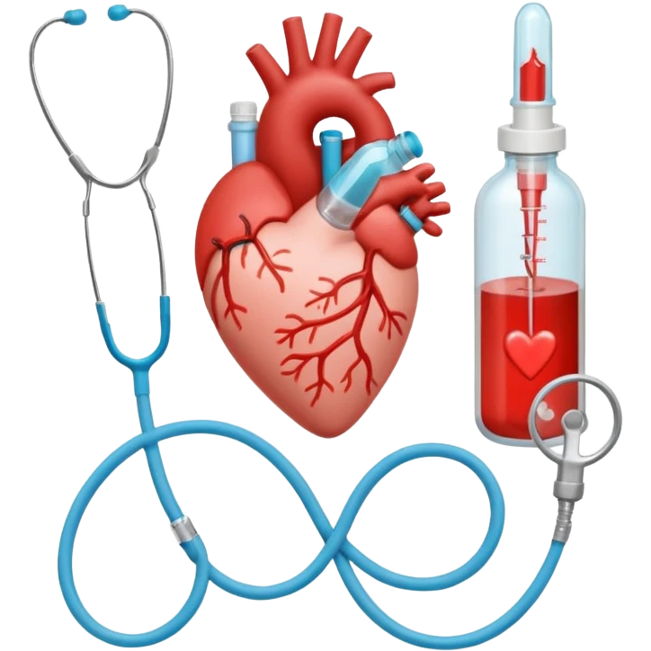 hand holding shape of a loveheart with background of stethescope, heel lancet, baby blood tubes, monitoring cables, baby bottle, cute scrapbooking paper,  emoji